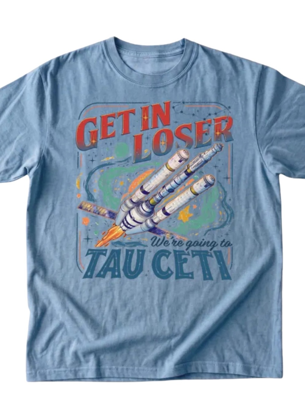 Gildan Light Blue Short Sleeve Tee with Retro Rocket and Bold Text